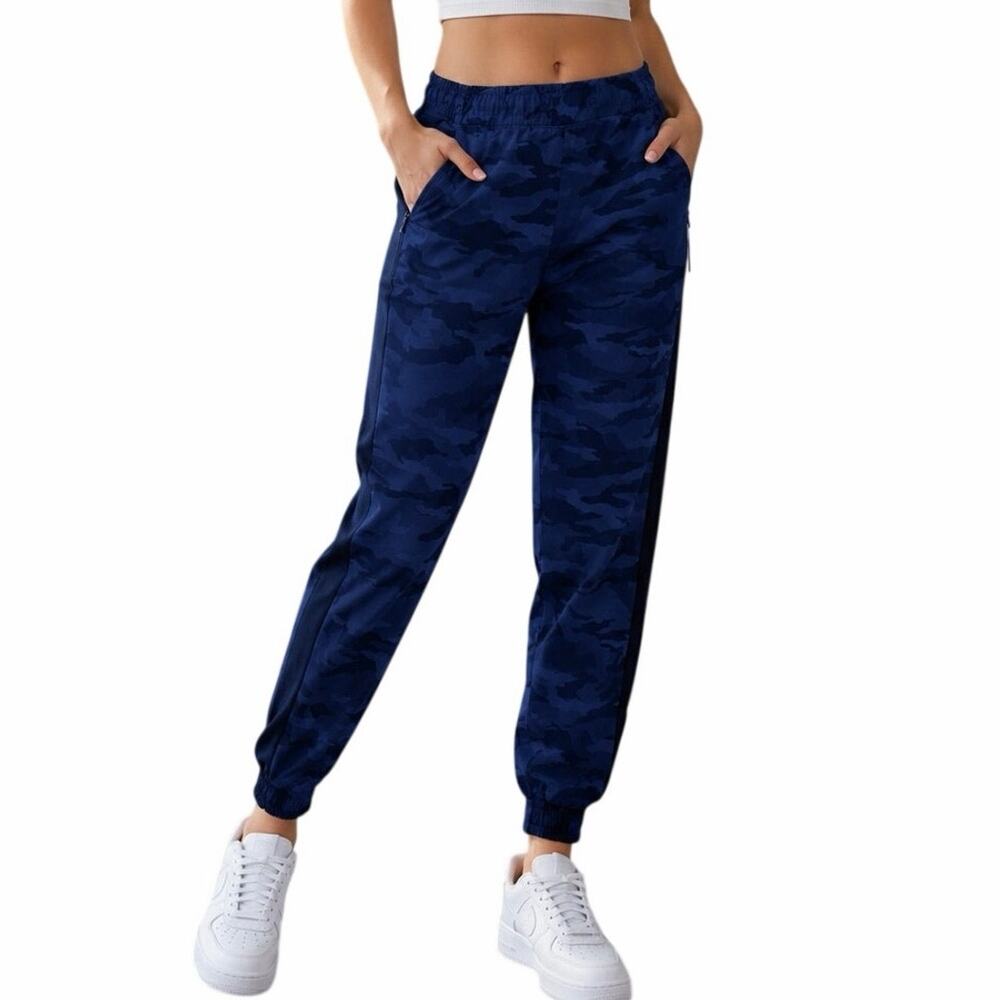 Athletic Blue Camo Joggers Women Activewear Pants Side Stripe Pockets M